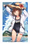  1girl bare_legs brown_eyes brown_hair collarbone commentary_request hat highres holding holding_clothes holding_hat kantai_collection name_tag one_eye_closed sagor942014 school_swimsuit short_hair solo standing straw_hat swimsuit water yukikaze_(kantai_collection) 