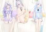  3girls ahoge bangs bare_legs barefoot bed between_legs black_hair blue_camisole blue_dress blue_hair blunt_bangs breasts bunny_pillow camisole closed_mouth colored_inner_hair commentary day dress eyebrows_visible_through_hair full_body grin hair_between_eyes hand_between_legs highres higuchi_kaede horns indoors knee_to_chest leg_hug light_blue_hair lize_helesta long_hair looking_at_viewer medium_breasts mole mole_under_mouth multicolored_hair multiple_girls nijisanji oni_horns open_mouth pillow pink_eyes pointy_ears rindou_mikoto sailor_collar seisei_tamago short_dress silver_hair sitting sleeveless smile streaked_hair thighs violet_eyes virtual_youtuber wariza yellow_camisole 