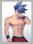  1boy abs bara blue_eyes blue_hair chest d-red galo_thymos male_focus muscle navel nipples pants pectorals promare shirtless short_hair simple_background solo spiky_hair upper_body 