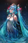  1girl aqua_eyes aqua_hair aqua_neckwear bangs breasts chestnut_mouth dark_background detached_sleeves hair_between_eyes hatsune_miku highres kajaneko long_hair looking_at_viewer necktie profile small_breasts solo tattoo twintails vocaloid water 