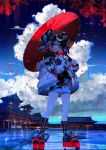  1girl architecture bag choker clouds cloudy_sky east_asian_architecture fate/grand_order fate_(series) fuuna_(conclusion) handbag highres looking_at_viewer multicolored_hair nail_polish one_eye_closed oriental_umbrella petals sei_shounagon_(fate) short_twintails sky solo twintails umbrella yellow_eyes 