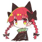  1girl animal_ears asameshi bangs black_bow black_dress bow braid cat_ears cropped_torso dress extra_ears hair_bow highres kaenbyou_rin long_hair looking_at_viewer pointy_ears portrait red_eyes redhead simple_background solo touhou twin_braids twintails white_background 