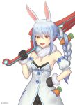  1girl :d animal_ears bare_shoulders black_gloves blue_hair braid breasts bunny_girl carrot carrot_hair_ornament cowboy_shot dress food_themed_hair_ornament fur_trim gloves gofelem hair_ornament hand_on_hip hololive long_hair looking_at_viewer medium_breasts monado open_mouth over_shoulder rabbit_ears simple_background small_breasts smile solo strapless strapless_dress sword twin_braids usada_pekora virtual_youtuber weapon weapon_over_shoulder white_background white_hair xenoblade_chronicles xenoblade_chronicles_(series) yellow_eyes 