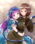  2girls asamiya_athena breasts brown_eyes brown_hair choker closed_mouth gloves hairband highres holding holding_whip long_hair looking_at_viewer military military_uniform multiple_girls open_mouth purple_hair short_hair smile the_king_of_fighters uniform violet_eyes whip whip_(kof) 