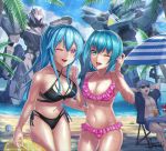  1boy 2girls abs amasaki_yusuke beach bikini black_bikini blue_hair breasts green_eyes kneeling long_hair mecha medium_breasts midriff multiple_girls navel ocean one_eye_closed original pink_bikini pink_eyes ponytail shirtless short_hair sitting sunglasses swimsuit tied_hair 