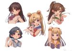  2girls :o aino_minako arm_up bangs bishoujo_senshi_sailor_moon black_hair blonde_hair blue_choker blue_eyes blue_hair blue_sailor_collar bow bowtie brown_hair choker clenched_hand crescent crescent_earrings cropped_torso double_bun earrings elbow_gloves flat_chest gloves green_choker green_sailor_collar hair_bobbles hair_bow hair_ornament hino_rei inner_senshi jewelry kino_makoto long_hair magical_girl mizuno_ami multiple_girls orange_choker orange_sailor_collar pink_bow pointing pointing_at_viewer ponytail pose red_bow red_choker red_sailor_collar ryota_(ry_o_ta) sailor_collar sailor_jupiter sailor_mars sailor_mercury sailor_moon sailor_senshi sailor_senshi_uniform sailor_venus short_hair simple_background smile star_(symbol) star_earrings stud_earrings tiara tsuki_ni_kawatte_oshioki_yo tsukino_usagi twintails violet_eyes white_background white_gloves 