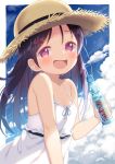  1girl black_hair bottle brown_eyes dress hat holding holding_bottle long_hair looking_at_viewer muku_(muku-coffee) original smile soft_drink solo straw_hat sun_hat sundress water_bottle 