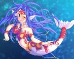 1girl ;d armor bare_shoulders blue_eyes blue_hair bracer breastplate choker commentary_request duel_monster full_body head_fins long_hair looking_at_viewer mermaid mermail_abysslinde monster_girl navel one_eye_closed open_mouth smile solo submerged takkayuuki yuu-gi-ou 