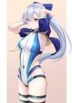  1girl absurdres arms_behind_head arms_up bangs blue_bow blue_swimsuit blush bow breasts fate/grand_order fate_(series) fuwatoromonta hair_between_eyes hair_bow highleg highleg_swimsuit highres large_breasts long_hair looking_at_viewer one-piece_swimsuit ponytail red_eyes silver_hair smile swimsuit thighs tomoe_gozen_(fate/grand_order) tomoe_gozen_(swimsuit_saber)_(fate) two-tone_swimsuit white_swimsuit 