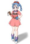  1girl absurdres belt blue_eyes blue_hair boots braid breasts bulma closed_mouth dragon_ball dragon_ball_(classic) dragon_radar eron full_body gloves highres holding long_hair simple_background smile solo white_background 
