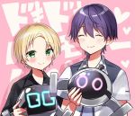  2boys ^_^ background_text bangs black_shirt blonde_hair blush character_request checkered closed_eyes closed_mouth collared_shirt eyebrows_visible_through_hair green_eyes hair_between_eyes heart holding jacket kenmochi_touya male_focus minami_saki multiple_boys nijisanji open_clothes open_jacket parted_bangs pink_background purple_hair purple_shirt robot shirt short_sleeves smile translation_request upper_body virtual_youtuber white_jacket 