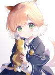  1girl animal animal_ears arknights bangs black_jacket blush cat cat_ears cat_tail commentary expressionless eyebrows_visible_through_hair green_eyes hair_between_eyes holding holding_animal holding_cat jacket long_sleeves looking_at_viewer mousse_(arknights) multiple_tails no_gloves no_hat no_headwear orange_hair short_hair skirt tail toufu_mentaru_zabuton upper_body white_background 