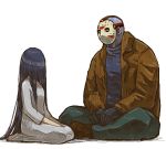  1boy 1girl bald barefoot black_gloves black_hair black_shirt blue_skin brown_footwear brown_jacket dress friday_the_13th full_body gloves hair_over_face hands_on_lap hockey_mask indian_style jacket jason_voorhees long_hair outsuki pants seiza shirt shoes simple_background sitting size_difference straight_hair the_ring very_long_hair white_background white_dress yamamura_sadako 