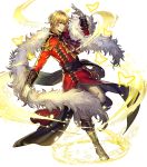  1boy alternate_costume blonde_hair boots bug butterfly dancing eldigan_(fire_emblem) epaulettes feather_boa fire_emblem fire_emblem:_genealogy_of_the_holy_war fire_emblem_heroes full_body fur_trim gloves highres insect medium_hair official_art polearm solo sparkle spear transparent_background weapon yellow_eyes 