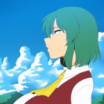  1girl amazon_(taitaitaira) animated animated_gif blinking blue_sky breasts clouds cloudy_sky from_side green_hair huge_filesize kazami_yuuka large_breasts looking_afar parted_lips red_vest shirt sky touhou vest white_shirt yellow_neckwear 