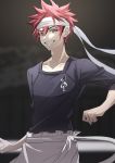  1boy absurdres apron bangs black_shirt blurry blurry_background brown_eyes collarbone commentary_request cowboy_shot depth_of_field grin hair_between_eyes headband highres looking_at_viewer male_focus mandu redhead shirt shokugeki_no_souma short_hair sleeves_past_elbows smile solo teeth translation_request white_apron white_headband yukihira_souma 