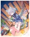  absurdres animal_ears bare_legs barefoot candle closed_eyes closed_mouth cup fence flower hammock hands_up highres holding holding_cup jacket lamp long_sleeves original plant purple_hair radio shoes shoes_removed short_hair shorts sitting sky sleeves soles sorata123 star_(sky) tail toes 