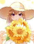  1girl bangs blush brown_hair closed_mouth commentary_request dress eyebrows_visible_through_hair flower hat hat_flower holding holding_flower long_hair looking_at_viewer nakiri_erina shokugeki_no_souma smile solo straw_hat sun_hat sunflower uiui_(hage04195) upper_body violet_eyes white_dress yellow_flower 