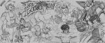  5boys absurdres animal_ears artist_name black_getter braid brand_new_animal breasts character_request copyright_request crossover english_commentary english_text fangs fighting_stance furry getter_robo graphite_(medium) hajime_no_ippo highres joe_shimamura kagemori_michiru kengan_ashura large_breasts mecha monochrome multiple_boys multiple_crossover muscle nagare_ryoma open_mouth scarf sendou_takeshi shin_getter_robo shirtless short_hair super_robot t-pose traditional_media 