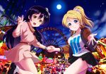  2girls amusement_park arms_up ayase_eli bangs blonde_hair blue_eyes blue_hair blush cowboy_shot ferris_wheel full_moon hair_ribbon highres holding holding_hands jewelry leg_up long_hair looking_at_viewer love_live! love_live!_school_idol_project moon multiple_girls necklace night night_sky open_mouth pearl_necklace ponytail ribbon scrunchie skirt sky smile sonoda_umi white_scrunchie yellow_eyes 
