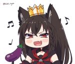 1girl :d animal_ears black_hair blush braid chibi commentary crown dark_persona eggplant fang fox_ears hololive kukie-nyan kurokami_fubuki long_hair musical_note open_mouth red_eyes simple_background smile solo twitter_username upper_body virtual_youtuber white_background 
