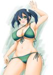  1girl akimoto_dai bikini black_swimsuit breasts commentary_request contrapposto cowboy_shot dated front-tie_top green_bikini green_eyes groin hair_ribbon highres kantai_collection large_breasts long_hair looking_at_viewer ribbon side-tie_bikini solo souryuu_(kantai_collection) standing swimsuit twintails twitter_username waving white_ribbon 