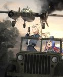  4girls aircraft aircraft_request airplane annin_musou b-25_mitchell belt belt_buckle black_belt black_jacket black_skirt blonde_hair blue_eyes blue_hair blush bomber_jacket buckle collared_shirt driving eyebrows_visible_through_hair fairy_(kantai_collection) grey_eyes ground_vehicle highres holding hornet_(kantai_collection) jacket jeep kantai_collection long_hair long_sleeves motor_vehicle multicolored_hair multiple_girls open_mouth redhead shirt skirt south_dakota_(kantai_collection) white_hair white_shirt 