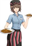  1girl bangs black_headwear blue_shirt brown_eyes brown_hair character_name collared_shirt commentary cowboy_shot curry eyebrows_visible_through_hair flat_cap food girls_und_panzer hat highres holding holding_food holding_plate looking_at_viewer name_tag nishizumi_maho omachi_(slabco) open_mouth plate red_skirt rice shirt short_hair short_sleeves simple_background skirt smile solo standing striped translated vertical-striped_skirt vertical_stripes waitress white_background 