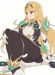  1girl bangs bare_shoulders black_legwear blonde_hair breasts chest_jewel dress earrings elbow_gloves gloves gonzarez jewelry large_breasts long_hair mythra_(xenoblade) pantyhose short_dress simple_background sitting solo super_smash_bros. swept_bangs thigh_strap thighband_pantyhose tiara very_long_hair white_background white_dress white_footwear white_gloves xenoblade_chronicles_(series) xenoblade_chronicles_2 yellow_eyes 