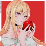  1girl apple bangs bare_shoulders blonde_hair braid breasts collarbone commentary_request food fruit grey_shirt hair_between_eyes hands_up holding holding_food holding_fruit large_breasts long_hair looking_at_viewer nakiri_erina open_mouth red_background shirt shokugeki_no_souma solo uiui_(hage04195) upper_body 