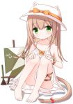  1girl animal_ears animal_hat bangs bare_shoulders barefoot blush bow brown_hair cat_ears cat_hat cat_tail closed_mouth commentary_request dress eyebrows_visible_through_hair fake_animal_ears green_eyes hair_between_eyes hat hat_bow head_tilt kemonomimi_mode knees_up long_hair looking_at_viewer orange_bow original red_bow sitting sleeveless sleeveless_dress solo sun_hat tail tail_bow very_long_hair waka_(yuuhagi_(amaretto-no-natsu)) white_dress white_headwear yuuhagi_(amaretto-no-natsu) 