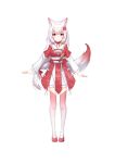  1girl absurdres animal_ear_fluff animal_ears blush bow chihong_de_tianshi closed_mouth flower fox_ears fox_girl fox_tail full_body gradient gradient_legwear hair_flower hair_ornament highres japanese_clothes kimono long_hair long_sleeves looking_at_viewer multicolored_hair obi original pink_legwear red_eyes red_flower red_footwear redhead sash shoes simple_background smile solo standing streaked_hair tail thigh-highs very_long_hair white_background white_bow white_flower white_hair white_kimono white_legwear 
