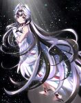  1girl bangs bare_shoulders black_choker black_hair breasts choker dress feather_hair_ornament feathers fire_emblem fire_emblem_engage full_body grey_hair hair_ornament highres kakiko210 long_hair looking_at_viewer multicolored_hair own_hands_clasped own_hands_together petite small_breasts smile solo two-tone_hair very_long_hair veyle_(fire_emblem) violet_eyes wavy_hair 