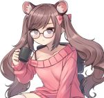  1girl animal_ears brown_hair commentary cup glasses holding holding_cup korean_commentary kuro_(kuronell) mouse_ears off-shoulder_sweater off_shoulder original pink_sweater pointy_ears sitting skindentation solo sweater thigh-highs twintails virtual_youtuber white_background 