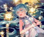  1girl :d aqua_eyes aqua_hair bangs bare_arms blush commentary_request fingernails hair_between_eyes hand_on_own_stomach hands_together hatsune_miku highres interlocked_fingers long_hair looking_at_viewer makoji_(yomogi) multicolored_neckwear necktie open_mouth smile solo star_(symbol) very_long_hair vocaloid 