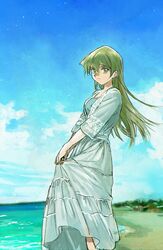  1girl 203wolves bangs beach blonde_hair blue_sky blurry blurry_background closed_mouth dress floating_hair green_eyes hair_between_eyes highres long_dress long_hair ocean shiny shiny_hair shore skirt_hold sky solo straight_hair sundress tenjouin_asuka very_long_hair white_dress yuu-gi-ou yuu-gi-ou_gx 