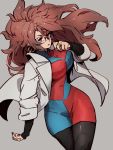  1girl android_21 black_legwear blue_eyes breasts checkered checkered_dress dragon_ball dragon_ball_fighterz dress earrings glasses grey_background hoop_earrings jewelry kemachiku labcoat large_breasts long_hair looking_at_viewer pantyhose redhead ring simple_background solo 