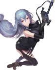  1girl alternate_costume arknights black_bodysuit black_footwear bodysuit boots breasts eyebrows_visible_through_hair grey_hair highres large_breasts long_hair looking_at_viewer open_mouth pants red_eyes saikoro_(et1312) skadi_(arknights) solo white_background 