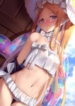  1girl abigail_williams_(fate/grand_order) abigail_williams_(swimsuit_foreigner)_(fate) bangs bare_shoulders bikini blonde_hair blue_eyes blue_sky blush bonnet bow breasts closed_mouth dearonnus fate/grand_order fate_(series) forehead highres innertube long_hair looking_at_viewer multiple_bows navel parted_bangs sidelocks sky small_breasts smile swimsuit white_bikini white_bow white_headwear 
