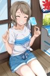  1girl :d bangs brown_hair collarbone eyebrows_visible_through_hair feet_out_of_frame food freezer gorilla-shi grin highres holding holding_food love_live! love_live!_sunshine!! open_mouth parted_bangs popsicle popsicle_stick shirt short_hair short_shorts short_twintails shorts sidelocks sitting smile solo t-shirt teeth thighs tied_shirt twintails watanabe_you white_shirt window 