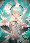  1girl absurdres aqua_hair bangs blurry choker closed_eyes closed_mouth commentary detached_sleeves eyelashes floating_hair green_ribbon hands_up hatsune_miku highres kyikyi microphone neck_ribbon ribbon smile solo tied_hair vocaloid 