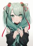  1girl :&lt; absurdres bangs bare_shoulders black_ribbon black_sweater blush closed_mouth detached_sleeves eyelashes green_eyes green_hair green_nails grey_background hair_bobbles hair_ornament hair_over_shoulder hair_ribbon hatsune_miku highres holding holding_hair long_hair nail_polish red_ribbon ribbon solo spinel_cranweiss sweater twintails upper_body vocaloid 