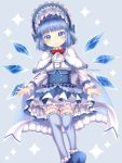  1girl alternate_costume alternate_hairstyle bangs blue_background blue_cape blue_eyes blue_footwear blue_hair blue_legwear blunt_bangs blush bonnet bow bowtie cape capelet cirno commentary_request cravat dress eyebrows_visible_through_hair fur-trimmed_cape fur_trim gothic_lolita hair_intakes head_tilt highres layered_dress lolita_fashion long_sleeves looking_at_viewer partial_commentary petticoat red_neckwear shirt short_hair simple_background smile solo sparkle_background thigh-highs thigh_gap tomo_takino touhou twitter_username underbust white_capelet white_neckwear white_shirt wings zettai_ryouiki 