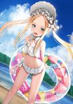  1girl :d abigail_williams_(swimsuit_foreigner)_(fate) absurdres arms_behind_back bangs bare_arms bare_shoulders beach bent_over bikini blonde_hair blue_eyes blue_sky blush bow breasts clouds collarbone day dutch_angle fate/grand_order fate_(series) flat_chest food forehead hair_bow hair_ornament hat highres holding innertube long_hair looking_at_viewer multiple_bows navel ocean open_mouth outdoors parted_bangs sidelocks sky smile solo sunga2usagi swimsuit twintails very_long_hair water white_bikini white_bow 