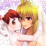  2girls blonde_hair bridal_veil bride dress elbow_gloves formal gloves looking_at_viewer lowres multiple_girls niina_ryou red_eyes redhead shikishima_mirei strapless strapless_dress tiara tokonome_mamori valkyrie_drive valkyrie_drive_-mermaid- veil wedding wedding_dress white_dress white_gloves wife_and_wife yellow_eyes yuri 