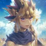  1boy atem commentary earrings egyptian_clothes headdress jewelry looking_at_viewer multicolored_hair open_mouth smile solo violet_eyes wenz yuu-gi-ou 