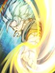  1boy blue_eyes blue_hair closed_mouth dragon_ball dragon_ball_super earrings energy_sword gloves highres incoming_attack jewelry looking_at_viewer male_focus mattari_illust muscle potara_earrings smile solo spiky_hair sword vegetto weapon white_gloves 