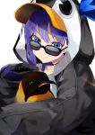  1girl absurdres animal_hood bangs bikini bikini_top bird black_bikini black_jacket blue_bow blush bow breasts fate/grand_order fate_(series) highres hood hood_up jacket long_hair long_sleeves looking_at_viewer meltryllis meltryllis_(swimsuit_lancer)_(fate) penguin penguin_hood prosthesis purple_hair same_(sendai623) sleeves_past_fingers sleeves_past_wrists sunglasses swimsuit 