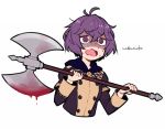  1girl @_@ artist_name axe bernadetta_von_varley blood bloody_weapon commentary do_m_kaeru fire_emblem fire_emblem:_three_houses garreg_mach_monastery_uniform holding holding_axe long_sleeves open_mouth purple_hair short_hair simple_background solo symbol_commentary uniform upper_body wavy_mouth weapon white_background 