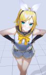  1girl :s aqua_eyes bangs black_sailor_collar blonde_hair blurry blush bow closed_mouth commentary_request depth_of_field detached_sleeves feet_out_of_frame fortissimo grey_background hair_ornament hair_ribbon hairclip headphones highres kagamine_rin leaning_forward looking_at_viewer neckerchief number_tattoo orange_bow orange_neckwear osanzi ribbon sailor_collar school_uniform serafuku shirt short_hair short_shorts short_sleeves shorts shoulder_tattoo sidelocks simple_background sleeveless sleeveless_shirt solo standing swept_bangs tattoo thigh_gap tile_floor tiles v-shaped_eyebrows vocaloid white_ribbon white_shirt white_shorts 